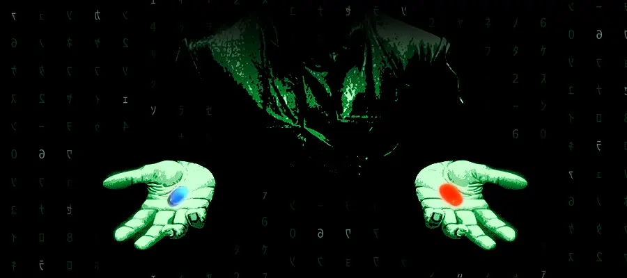 A figure in a dark coat holds out both open hands: a blue pill in the left hand, a red pill in the right.